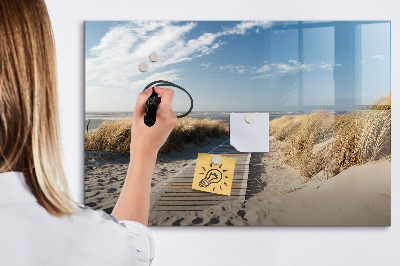 Decoratief glazen wandbord beschrijfbaar en magnetisch Strand, herinneringen en creativiteit in foto's