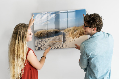 Decoratief glazen wandbord beschrijfbaar en magnetisch Strand, herinneringen en creativiteit in foto's