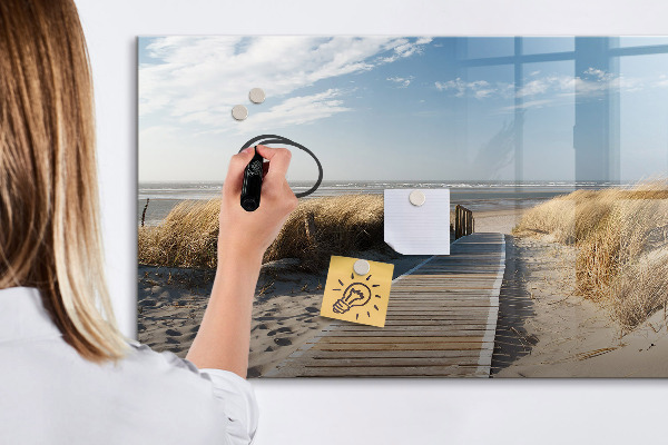 Decoratief glazen wandbord beschrijfbaar en magnetisch Strand, herinneringen en creativiteit in foto's