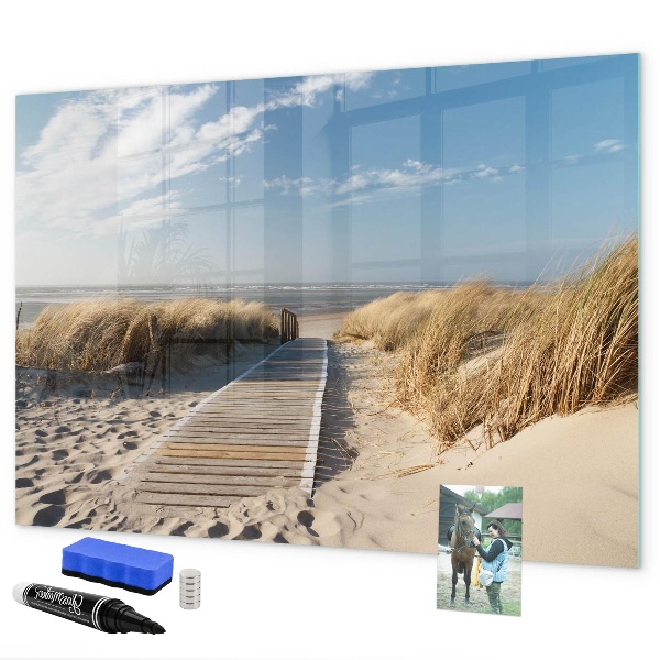 Decoratief glazen wandbord beschrijfbaar en magnetisch Strand, herinneringen en creativiteit in foto's
