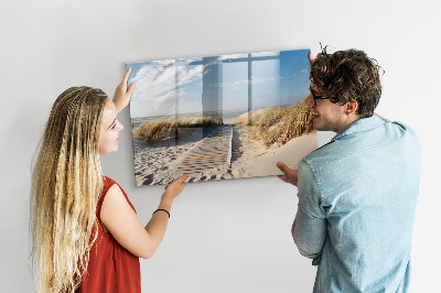 Decoratief glazen wandbord beschrijfbaar en magnetisch Strand, herinneringen en creativiteit in foto's