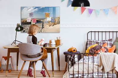 Decoratief glazen wandbord beschrijfbaar en magnetisch Strand, herinneringen en creativiteit in foto's