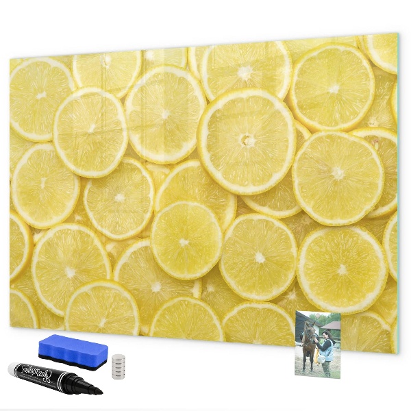 Decoratief glazen wandbord beschrijfbaar en magnetisch Citroenmotief met foto's en accessoires
