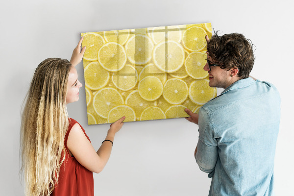 Decoratief glazen wandbord beschrijfbaar en magnetisch Citroenmotief met foto's en accessoires