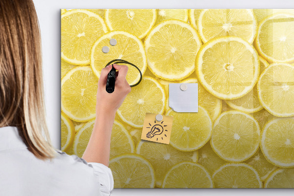 Decoratief glazen wandbord beschrijfbaar en magnetisch Citroenmotief met foto's en accessoires