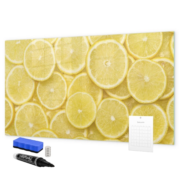 Decoratief glazen wandbord beschrijfbaar en magnetisch Citroenmotief met foto's en accessoires