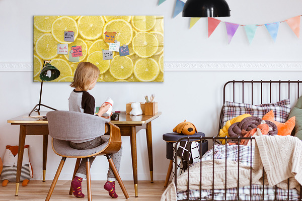 Decoratief glazen wandbord beschrijfbaar en magnetisch Citroenmotief met foto's en accessoires
