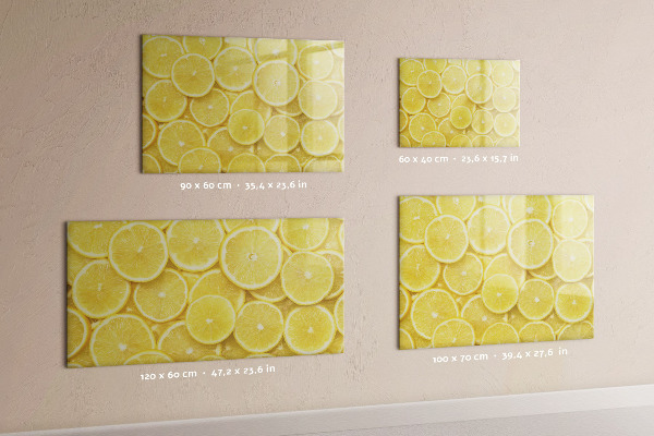 Decoratief glazen wandbord beschrijfbaar en magnetisch Citroenmotief met foto's en accessoires
