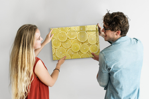 Decoratief glazen wandbord beschrijfbaar en magnetisch Citroenmotief met foto's en accessoires