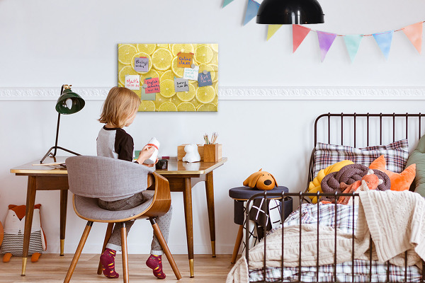 Decoratief glazen wandbord beschrijfbaar en magnetisch Citroenmotief met foto's en accessoires
