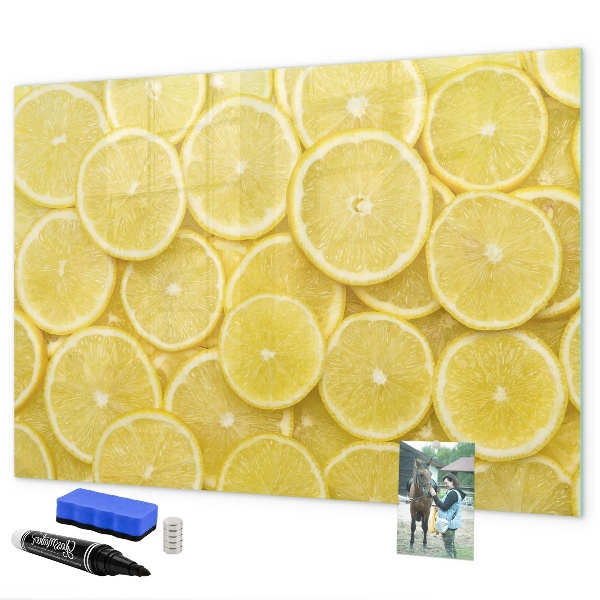 Decoratief glazen wandbord beschrijfbaar en magnetisch Citroenmotief met foto's en accessoires