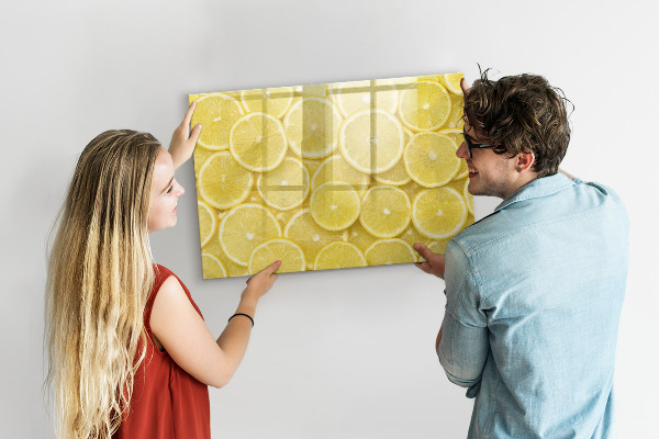 Decoratief glazen wandbord beschrijfbaar en magnetisch Citroenmotief met foto's en accessoires