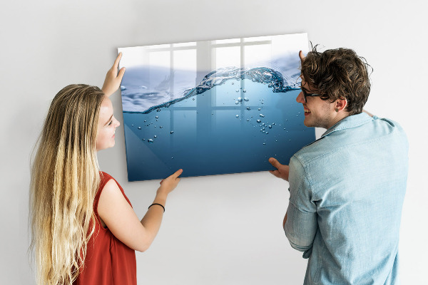 Decoratief glazen wandbord beschrijfbaar en magnetisch Waterachtergrond met foto's en accessoires