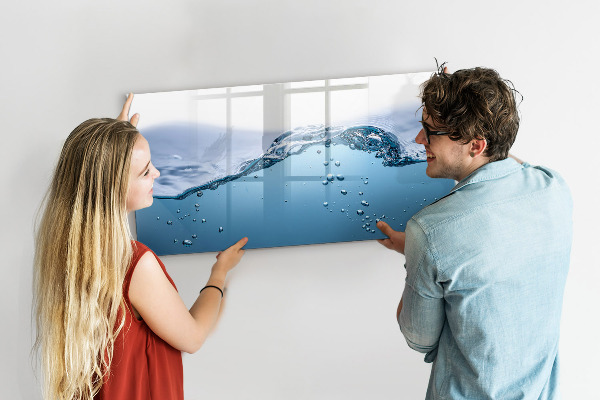 Decoratief glazen wandbord beschrijfbaar en magnetisch Waterachtergrond met foto's en accessoires