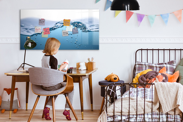 Decoratief glazen wandbord beschrijfbaar en magnetisch Waterachtergrond met foto's en accessoires