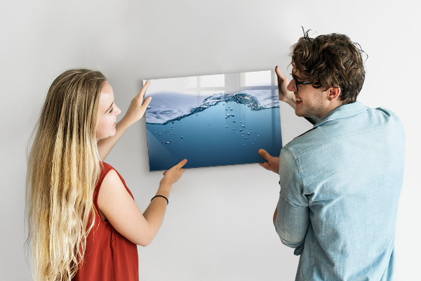 Decoratief glazen wandbord beschrijfbaar en magnetisch Waterachtergrond met foto's en accessoires