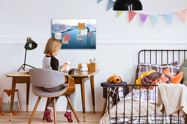 Decoratief glazen wandbord beschrijfbaar en magnetisch Waterachtergrond met foto's en accessoires