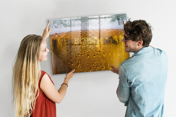 Memobord van glas met print inclusief neodymium magneten Een koud biertje met persoonlijke herinneringen.