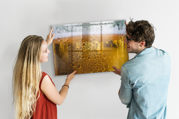 Memobord van glas met print inclusief neodymium magneten Een koud biertje met persoonlijke herinneringen.