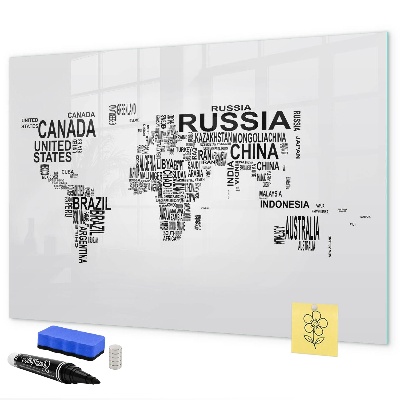 Decoratief glazen wandbord beschrijfbaar en magnetisch Wereldkaart met plaatsen en foto's