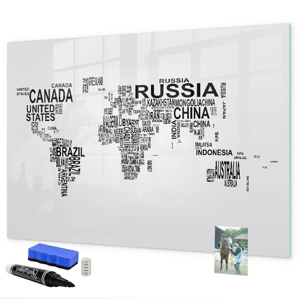 Decoratief glazen wandbord beschrijfbaar en magnetisch Wereldkaart met plaatsen en foto's