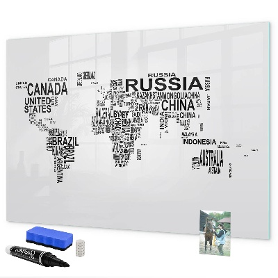 Decoratief glazen wandbord beschrijfbaar en magnetisch Wereldkaart met plaatsen en foto's