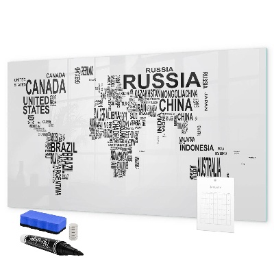 Decoratief glazen wandbord beschrijfbaar en magnetisch Wereldkaart met plaatsen en foto's