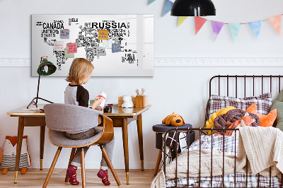 Decoratief glazen wandbord beschrijfbaar en magnetisch Wereldkaart met plaatsen en foto's