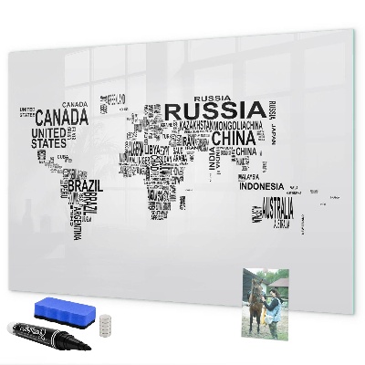 Decoratief glazen wandbord beschrijfbaar en magnetisch Wereldkaart met plaatsen en foto's