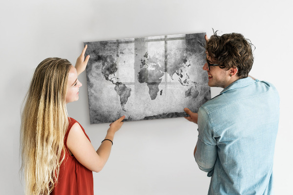 Memobord van glas met print inclusief neodymium magneten Wereldkaart met persoonlijke foto's