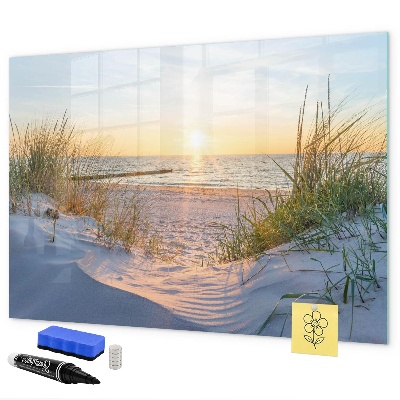 Memobord van glas met print inclusief neodymium magneten Strand en herinneringen in foto's