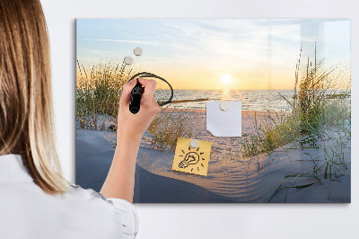 Memobord van glas met print inclusief neodymium magneten Strand en herinneringen in foto's