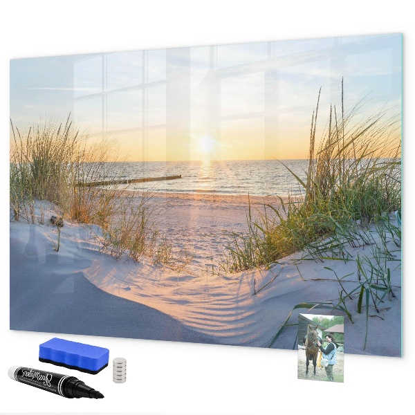 Memobord van glas met print inclusief neodymium magneten Strand en herinneringen in foto's