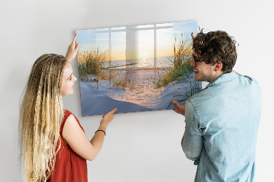 Memobord van glas met print inclusief neodymium magneten Strand en herinneringen in foto's
