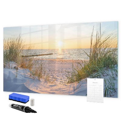 Memobord van glas met print inclusief neodymium magneten Strand en herinneringen in foto's