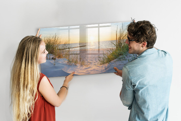 Memobord van glas met print inclusief neodymium magneten Strand en herinneringen in foto's