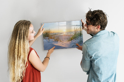 Memobord van glas met print inclusief neodymium magneten Strand en herinneringen in foto's