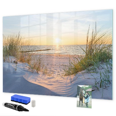 Memobord van glas met print inclusief neodymium magneten Strand en herinneringen in foto's