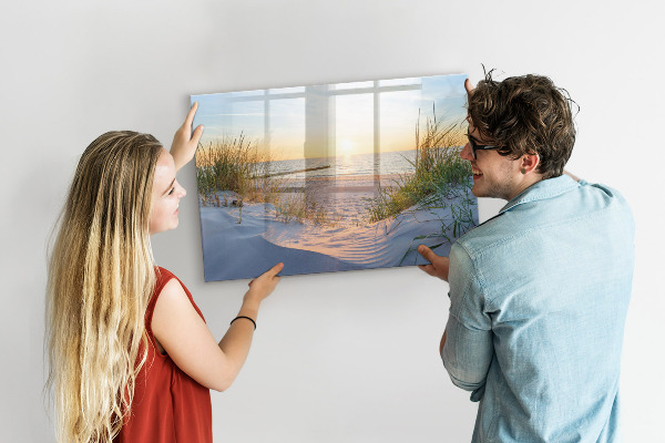 Memobord van glas met print inclusief neodymium magneten Strand en herinneringen in foto's