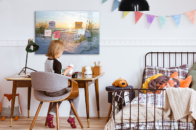 Memobord van glas met print inclusief neodymium magneten Strand en herinneringen in foto's