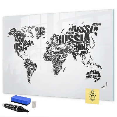 Decoratief glazen wandbord beschrijfbaar en magnetisch Een wereldkaart met persoonlijke herinneringen.