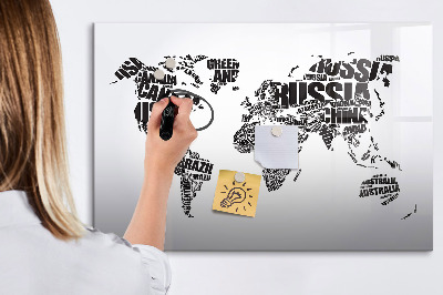Decoratief glazen wandbord beschrijfbaar en magnetisch Een wereldkaart met persoonlijke herinneringen.