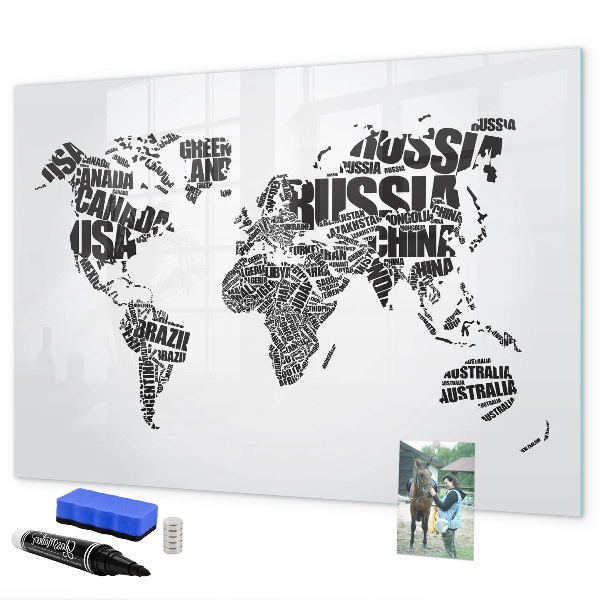 Decoratief glazen wandbord beschrijfbaar en magnetisch Een wereldkaart met persoonlijke herinneringen.