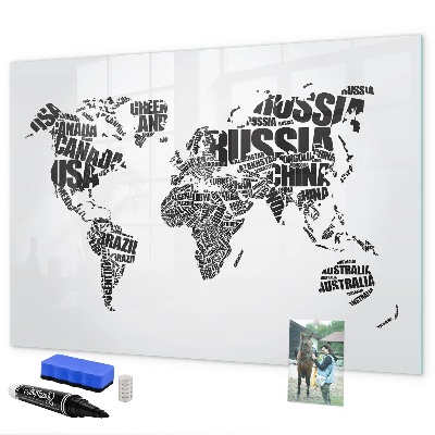 Decoratief glazen wandbord beschrijfbaar en magnetisch Een wereldkaart met persoonlijke herinneringen.