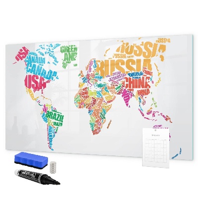 Memobord van glas met print inclusief neodymium magneten De wereld in kleurrijke woorden en foto's