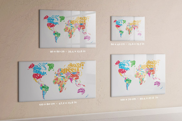 Memobord van glas met print inclusief neodymium magneten De wereld in kleurrijke woorden en foto's