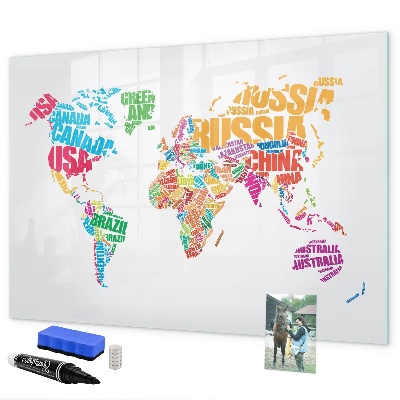 Memobord van glas met print inclusief neodymium magneten De wereld in kleurrijke woorden en foto's