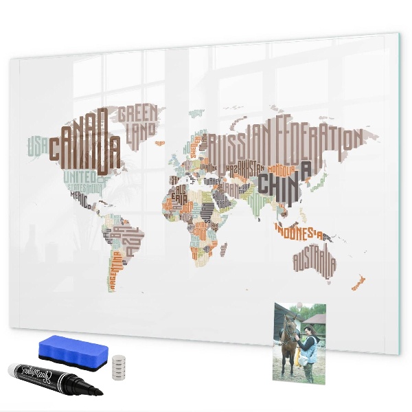 Decoratief glazen wandbord beschrijfbaar en magnetisch Wereldkaart met fotolocaties