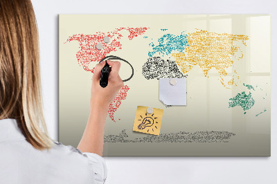 Memobord van glas met print inclusief neodymium magneten Wereldkaart met plaatsen en foto's