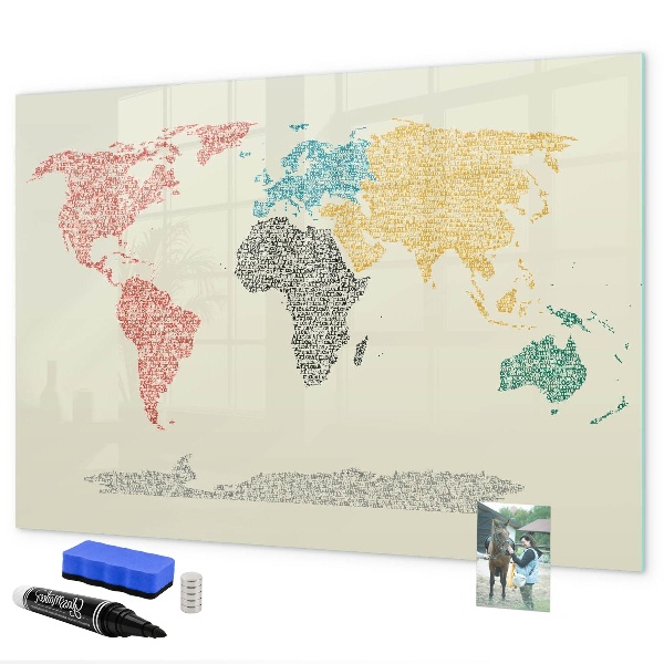 Memobord van glas met print inclusief neodymium magneten Wereldkaart met plaatsen en foto's